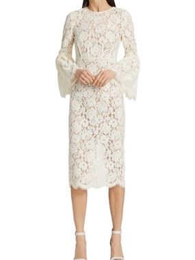 Self-Portrait Cream Floral Lace Midi Dress with Bell Sleeves